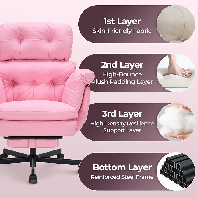 Criss Cross Office Chair with Foot Rest, Big and Tall Office Desk Chair with Flip Armrests for Pets & Cross Legged Sitting, Comfy Executive Ergonomic Reclining Computer Gaming Vanity Chair, Pink