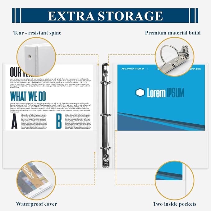 1 Inch Binders 3 Ring, 2 Pack White 3 Ring Binder 1 Inch | One Inch Binder with Clear Pocket in Front, 2 Interior Pockets, Clear View Cover, Binder for School, Office, Home, 1" Round