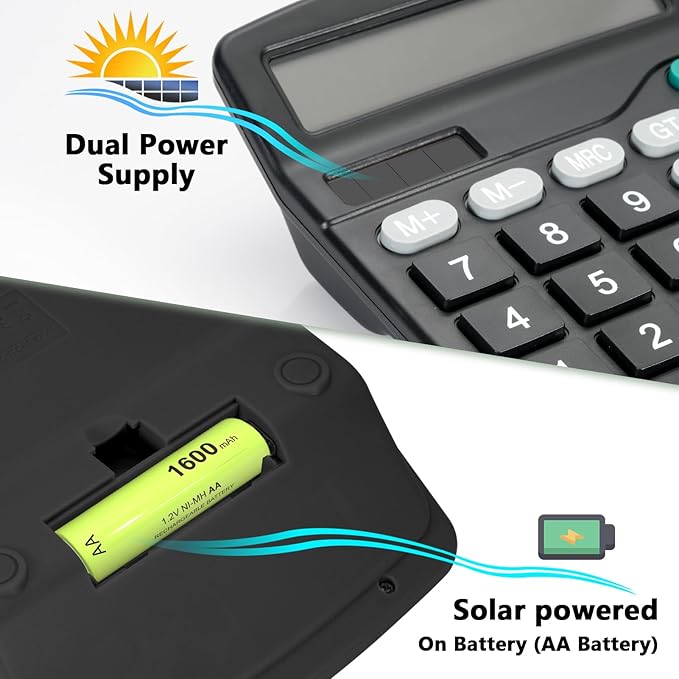 Desktop Calculator with Big Buttons, Dual Power Source, Solar and Battery, Large Display Screen - Perfect for Office, Teachers, and Students (Black)