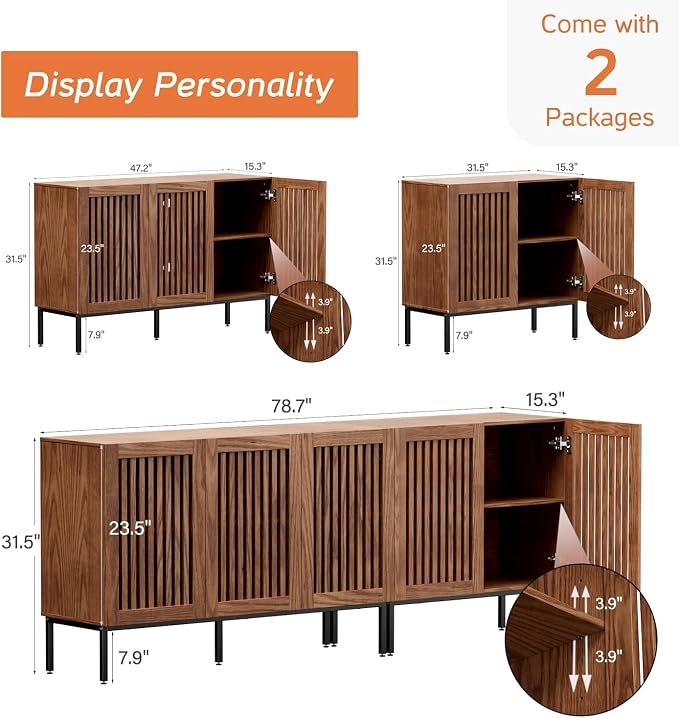 BVIUNTWO 79" Farmhouse Buffet Cabinet with Metal Base, Adjustable Shelves & 5 Doors, Brown Storage Sideboard for Kitchen, Living Room