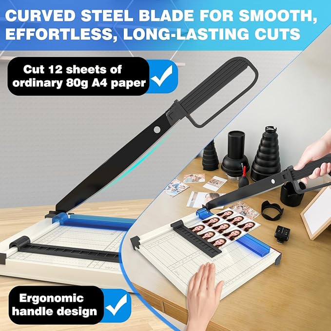 Paper Cutter A4, Guillotine Paper Cutting Board, 12 Sheets Capacity, Heavy Duty Paper Trimmer with Safety Guard, Paper Guillotine for Cardstock, Photos, Office, Classroom, Scrapbooking - Blue