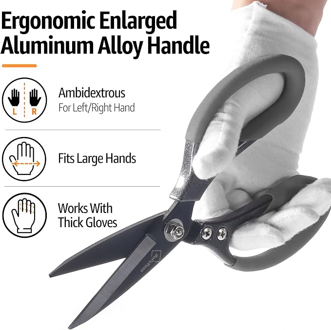 BoFuYuan Heavy Duty Scissors for Cutting Carpet Cardboard Leather Fabric | Stainless Steel Blades, Comfort Grip, Multipurpose Utility Sharp Shears for Kitchen Garden Office Craft Sewing, 8.5 Inch Grey