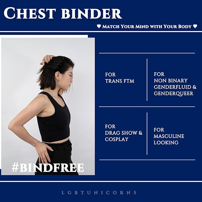 LGBT UNICORNS Chest Binder Trans FTM, Adjustable Bindfree Sizing Design, Skin-Friendly & Breathable, Nipple Covers Built-in