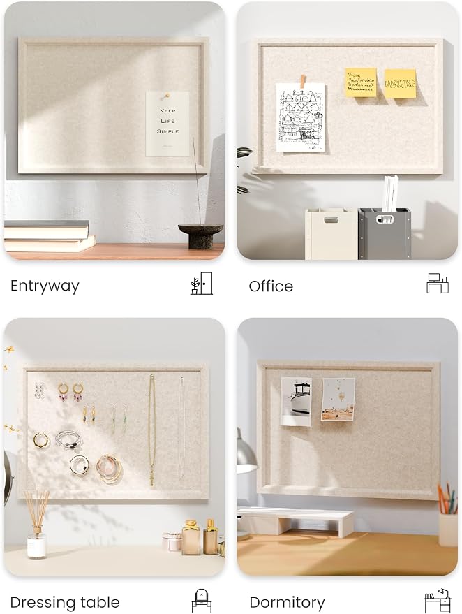 Fluxynara 15.7" x 11.8" Felt Frame Bulletin Board, Oatmeal | Cork Board Alternative with 12 Removable Adhesive Tabs, Foldable Pin Board for Wall, Home, Office, Classroom & Dorm