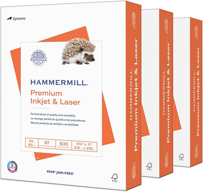 Hammermill Printer Paper, Premium Inkjet & Laser Paper 24 Lb, 8.5 x 11-3 Reams (1500 Sheets) - 97 Bright, Made in the USA, 166140R