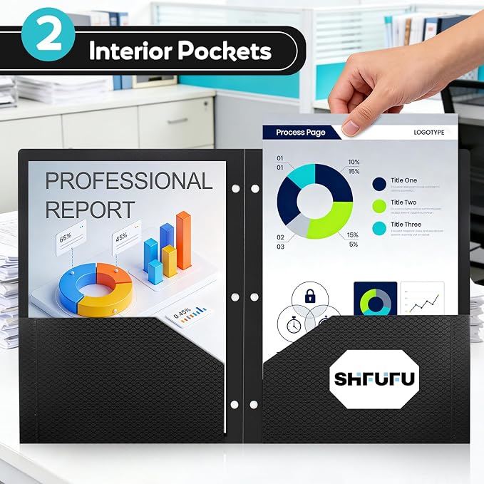 Textured 2 Pocket Folder(3 Pack,Black) Plastic Folders with Pockets,3 Holes Punched, Fits Letter Size 3-Ring Binder, Heavy Duty for School,Office,Back to School Supplies
