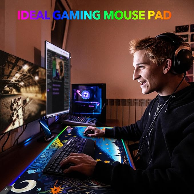 AIMSA Large Gaming Mouse Pad RGB, Keyboard Led Mousepad Extended 35.4 x 15.8 inch Non-Slip Rubber Base with 14 Lighting Modes Desk Mat, Abstract Sun