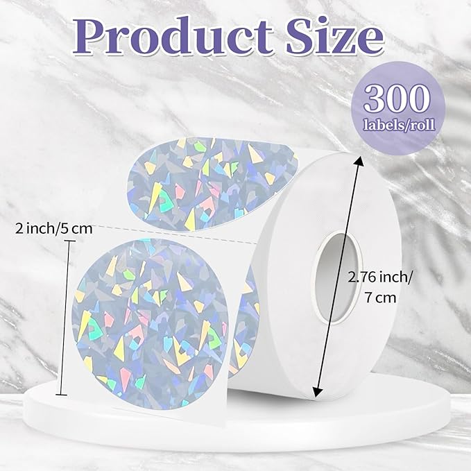 2 Inch Holographic Thermal Labels,Sliver Round Thermal Printer Labels,Printable Round Thermal Printer Labels Self-Adhesive Direct Thermal Label(300 Labels/Roll Glass)