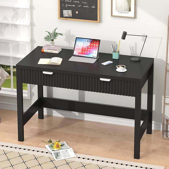 39 Inch Small Fluted Computer Desk with 2 Drawers for Bedroom, Home Office | Small Computer Desk with Storage, Compact Writing Study Desk for Small Spaces, Black