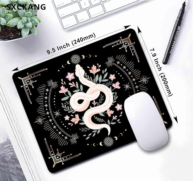Boho Mouse Pad, Snake Witch Mouse Mat, Women Girls Mousepad, Moon Phases Computer PC Laptop Small Cute Mouse Pads for School Office Home, 9.5x7.9 inch