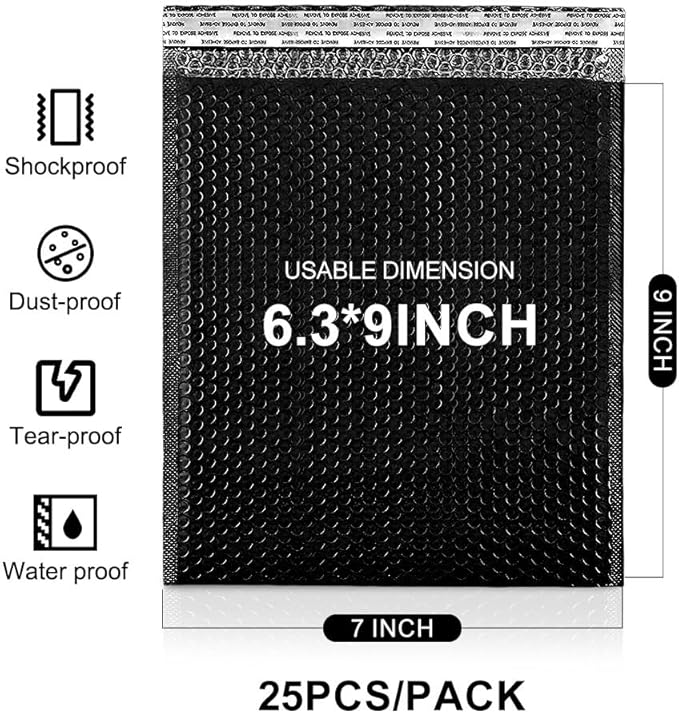 Koja 6 X 10” Padded Bubble Mailers 25-Pack. Quality Mailing and Shipping Envelopes and Bags with 6 X 9" Usable Size. Extra-thick Padding. Fast and Easy Self-seal Envelope. (Black)