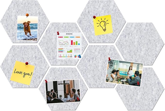 Large Hexagon Felt Cork Board Tiles, Self Adhesive DIY Felt Bulletin Board Pin Board with 35 Pushpins for Office School Home Wall Decor Stickers Memos Photos Display(Light Grey)