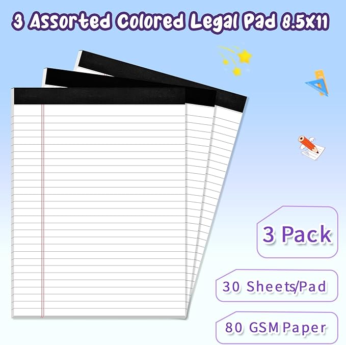 Legal Pads 8.5 X11, Wide Ruled Notepads, 3 Pack, 30 Sheet/Pad, White Legal Pads, Tear Off Notepad, Perforated Writing Pad, Notebook Paper College Ruled, Notepads for Office Home School, Notepad