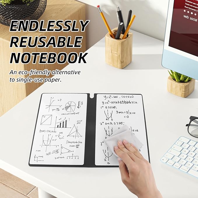 Reusable A5 Dry Erase Notebook Include a Wipeable Pen and Rag,9.4x6.5 Inch Erasable Notebook Whiteboard Notebook,Wipeable Notebook PU Hardcover for Office and Taking NotesBlue