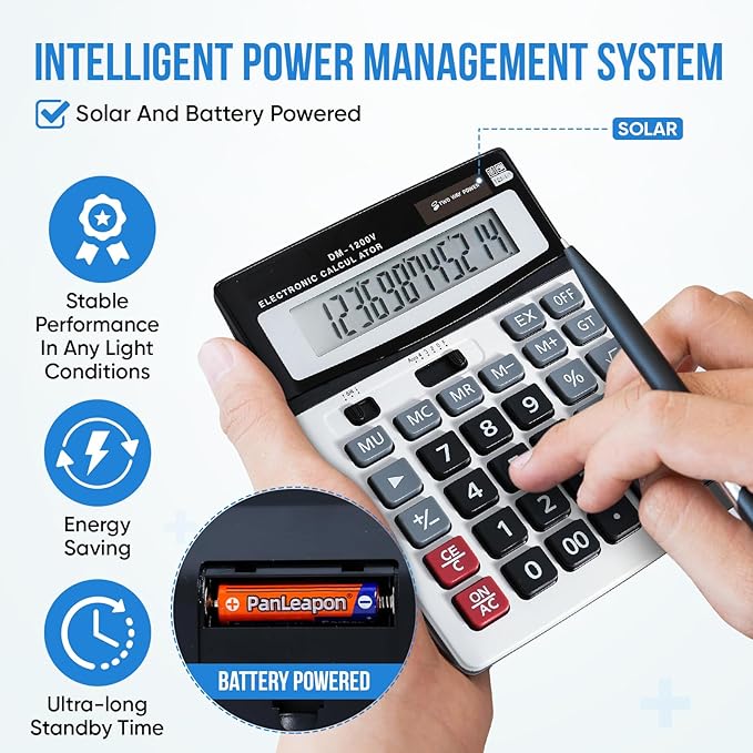 12-Digit Desktop Calculator with Large Screen and Big Buttons, Solar/Battery Dual Power for Office, Home, School and Business Use