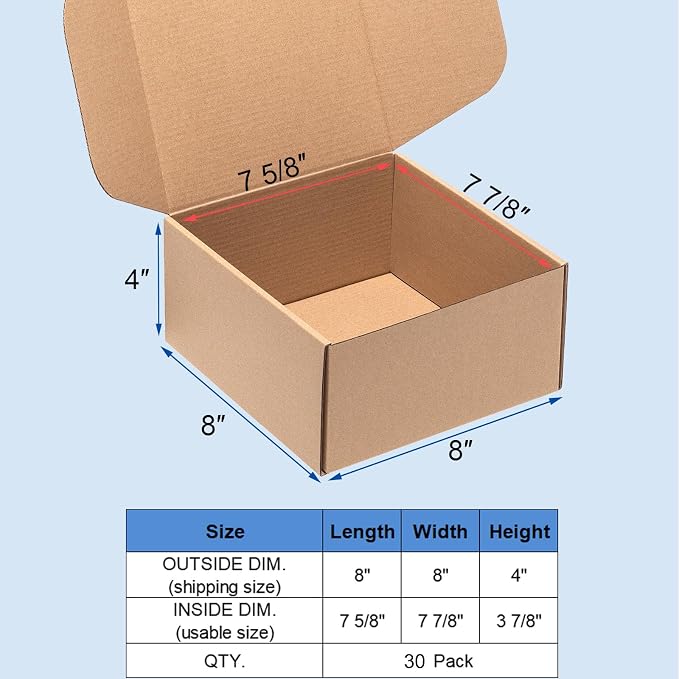 Wowxyz 8x8x4" Shipping Boxes 30 Pack Brown Corrugated Cardboard Mailer Box | Kraft Medium Literature Mailer Packaging Supplies, Mailing Boxes for Small Business
