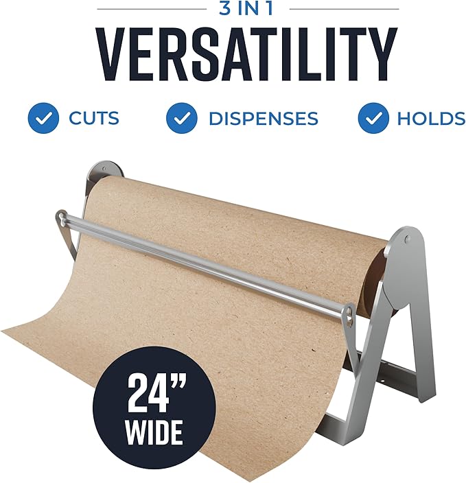 Bryco Goods - 24 Inches All Paper Roll Dispenser and Cutter Made of Heavy-Duty Steel Frame & Sharp Blade. Holds, Dispenses & Cuts. Wall Mountable & Non-Slip Tabletop. Up to 1000ft Rolls