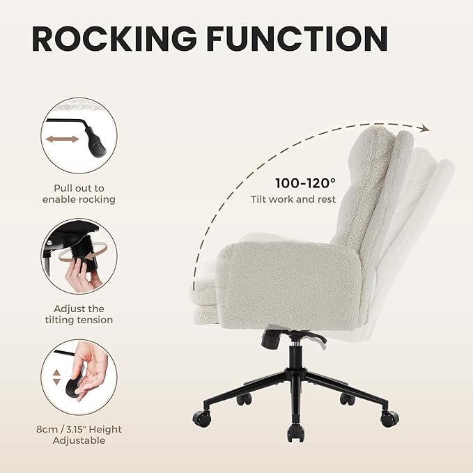 IWMH High Back Home Office Chair,Comfy Desk Chair with Armrests Cashmere | Ergonomic Upholstered Office Desk Chair,Height Adjustable Armchair with Wheels, 360° Swivel Desk Chair (White)