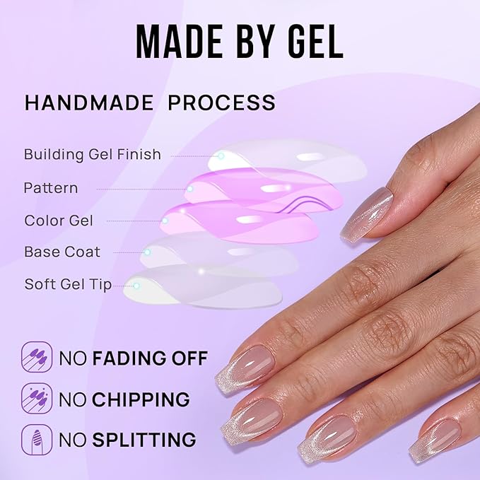 BTArtbox Press On Nails Short - Cat Eye French Tip Press On Nails Coffin, Light Weight & Fit Perfectly Nail Tips, Natural Fake Nail with Glue, Glue On Nails in 16 Sizes - 32 Nail Kit, Milky Way