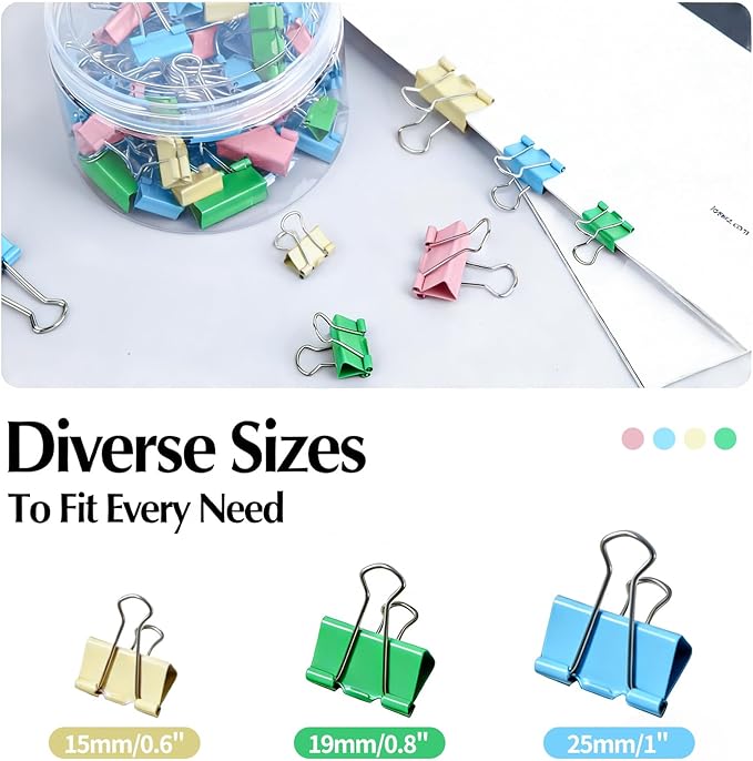 Binder Clips Assorted Sizes, Durable Metal Binder Clips for Office, Cute Desk Supplies for Teachers Student (60, Colorful)
