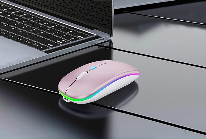 Wireless Bluetooth Mouse Rechargeable Laptop Mice with LED Lights Silent Slim Use(BT5.2 and 2.4G Portable USB Receiver) Dual Mode Computer Mouse for Laptop/iPad/Tablet/Apple/Computer/Mac(Pink)