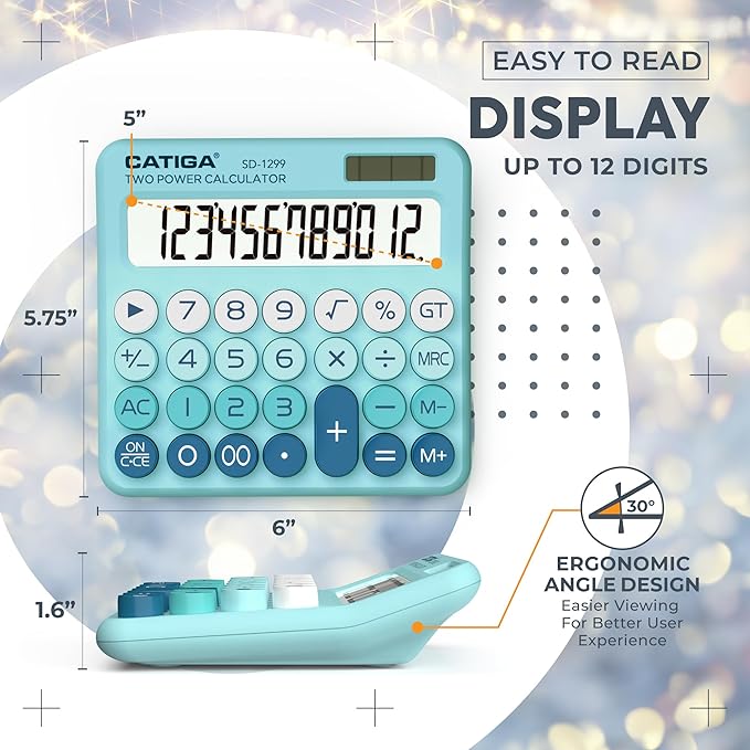 CATIGA Mechanical Switch Calculator with Solar and Battery Dual Power, 12-Digit Large LCD Display, Aesthetic and Cute Desktop Calculator with Big Button, for Home, School and Office Use, SD-1299