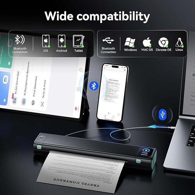 Phomemo Portable Printer with Touchscreen, Upgraded M08D Bluetooth Wireless Thermal Inkless Printer, Supports 8.5"x11" US Letter & A4, Compatible with iOS, Android, PC for Travel, Black