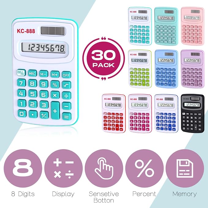 Flutesan 30 Pack Pocket Calculator,Red, Blue, Green, Black, Pink, Purple | Mini 4 Function Calculators, for Students Kids, Small Battery Powered Bulk, Basic Handheld, for School Classroom Home Office