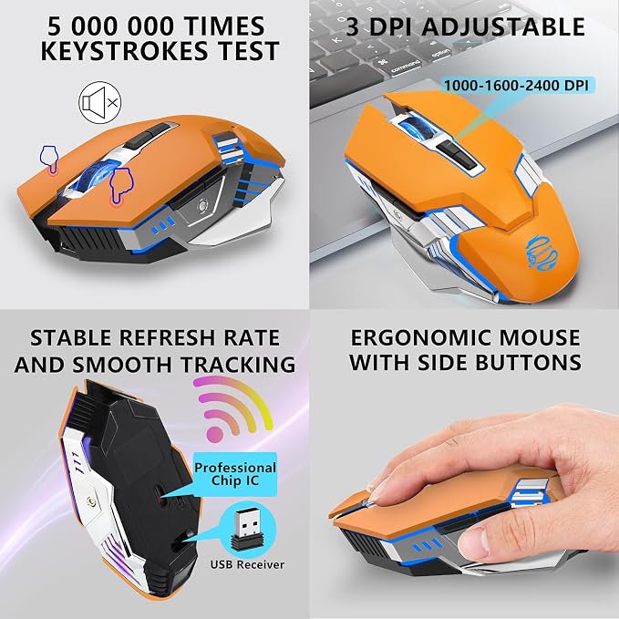 Bluetooth Wireless Gaming Mouse, 2400 DPI, RGB Backlit, Rechargeable Cordless Computer Mouse for Laptop PC Mac Macbook Air/Pro iPad Chromebook Office Gamer - Orange | BT5.0/BT3.0+2.4G connection, RGB backlight & quiet click, for gaming office, compatib...