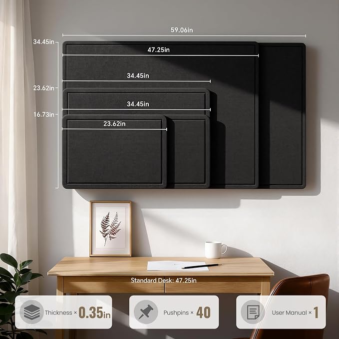Large Bulletin Board, 24 X 17 Inches Felt Cork Board with 40 Pushpins, Foldable Felt Notice Pin Board Photo Display Board with Self-Adhesive Tape for Office Home School (Black, 24x17 inch)