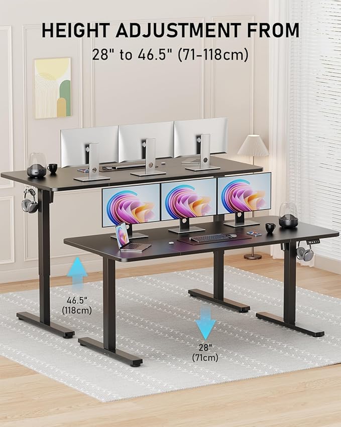 Standing Desk, Large Height Adjustable Electric Stand up Desk, 63 x 24 Inches Sit Stand Home Office Desk, with Splice Board, Black Frame/Black Top