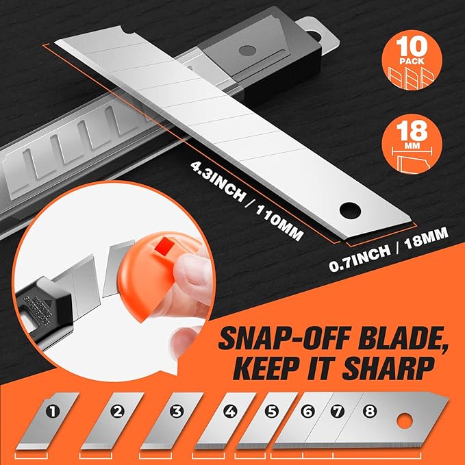 3 Pack Utility Knife Box Cutter Retractable, Compact Box Knife for Cartons, Cardboard and Boxes, with 10 Piece 18mm Wider Snap-off Blade Razor Sharp Blade, Perfect for Office and Home Use