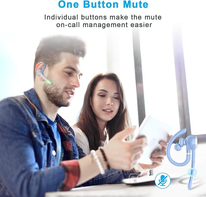 HEIBAS Bluetooth Headset, Wireless Earpiece with Mic for Work Light Blue | 72H Playtime, 500mAh Charging Case, Hands-Free Calling with Mute Button for Trucker, Office, Driving, iPhone, Light Blue