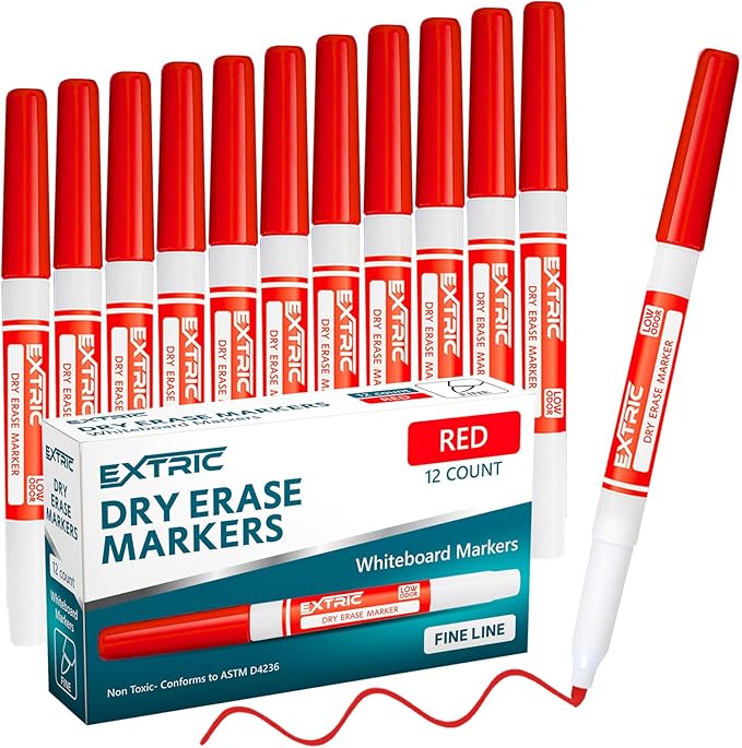 EXTRIC Red Dry Erase Markers Fine Tip, 12 Count Whiteboard Markers, Fine Tip Dry Erase Marker Bulk Classroom Pack White Board Marker for Teachers and Students