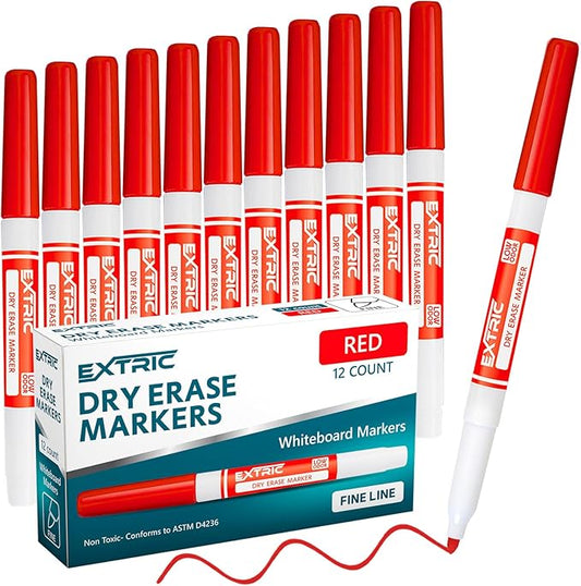 EXTRIC Red Dry Erase Markers Fine Tip, 12 Count Whiteboard Markers, Fine Tip Dry Erase Marker Bulk Classroom Pack White Board Marker for Teachers and Students