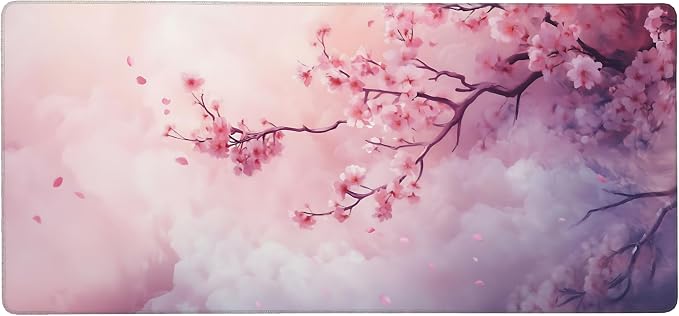 Cute Floral Aesthetic Cherry Gaming Mouse Pad, Pink Dreamy Desk Mat with Anti-Slip Base & Stitched Edges, Office & Home Desk Decor for Women, 35.4" x 15.7" in Computer Desktop Mat