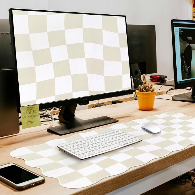 L-SPOUTTO Beige Checkered Mouse Pad,Scalloped Desk Mat XXL Gaming Mousepad | Geometric Large 35.4x15.7in Non-Slip Rubber Base Keyboard Pad Waterproof Desktop Mat for Laptop Computer Game Home Office