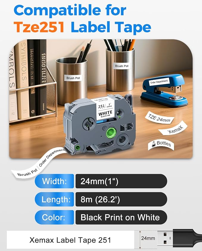 24mm 0.94 Laminated White Label Maker Tape Compatible for Brother TZe-251 | P-Touch Label Tape TZe251 TZ-251 Black on White 1 Inch TZe Tz Tape Work for Brother PT-D600 PT-D610BT PTP700 PTP710BT, 4-Pack