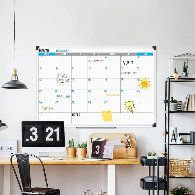XBoard Magnetic Calendar Whiteboard 36" x 24", Monthly Reusable Calendar Dry Erase Board with Silver Aluminium Framed for Home, School, Office