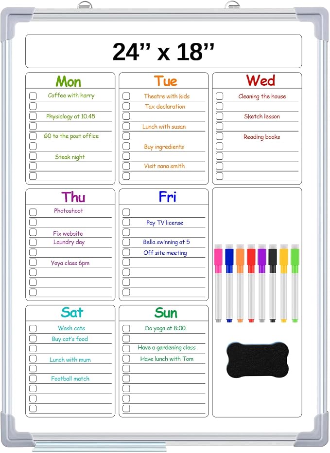 24" x 18" Magnetic to Do List Whiteboard, Weekly Planner, White | Large Weekly Dry Erase Board, Double-side Wall Whiteboard Calendar for Planning Drawing Memo, School Home Kitchen Office