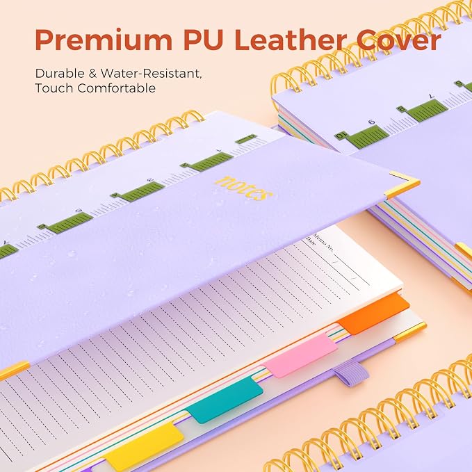 XYark A4 Hardcover Spiral Notebook, 8.5"x11" College Ruled Notebooks with Removable Dividers Tabs & Ruler, 5 Subject Notebook 300 Pages, Large Lined Journal for Women School Work Office, Light Purple