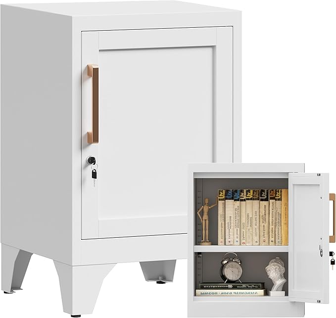 23.6" H White Metal Locker Nightstand with 1 Lockable Door and 1 Adjustable Shelf, Small Storage Cabinet with Detachable Legs and Vintage Handle for Home Office,Living Room or Bedroom,Easy Assembly