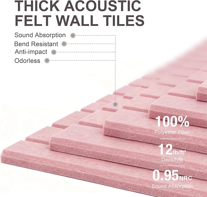 0.47" Thick Felt Pin Board 48"x36" Large Cork Board Alternative 12 Pack 11.81"x11.81"Felt Bulletin Board Wall Tiles Notice Board with 60 Pushpins for Home Office School(Fine-Coral Pink)