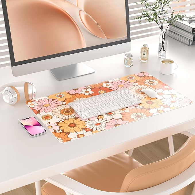 Colorful Star Large Mouse Pad, PU Leather Waterproof Desk Mat, Computer Gaming Mouse Pad, XXL Full Desk Mousepad Non Slip Desk Pad for School Office Home 23.6" x 13.8" - Retro Flowers