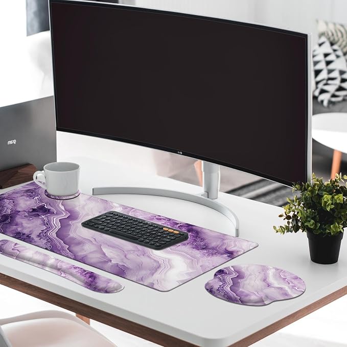 Keyboard Mouse Pad Set, 4 in 1 Desk Mat Set, Purple Pink Marble | Large Mousepad+Keyboard Wrist Rest+Mouse Wrist Rest+Coaster Ergonomic Design for Home Office Computer