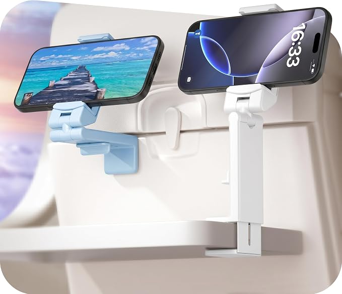 Perilogics Airplane Phone Holder Mount, Plane Travel Essentials | Universal in Flight Phone Stand, Hands Free, Dual 360° Rotatio, Must Haves Airplane Travel Accessory, 2‑Pack, Blue + White