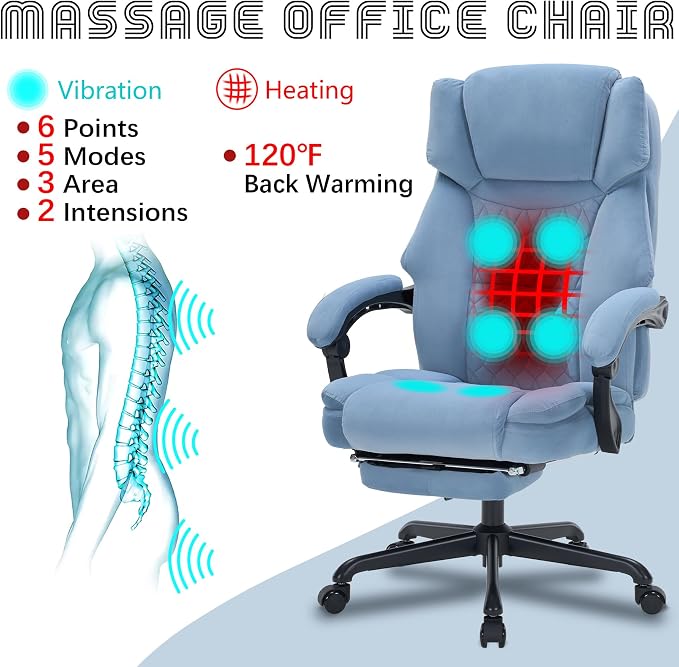 Massage Office Chair with Foot Rest 6 Points Vibration and Heat Home Office Desk Chairs for Heavy People 400lbs Reclining Managerial Chairs Ergonomic Executive Chair (Dustyblue)