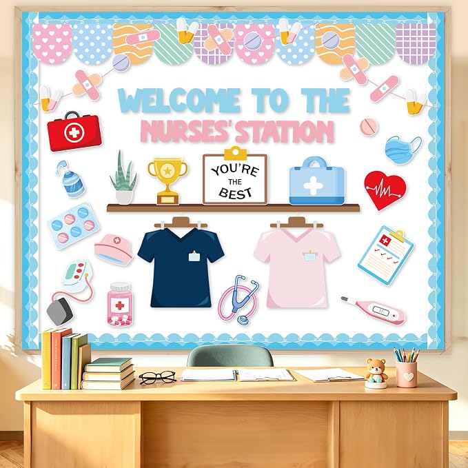 67Pcs School Nurse Bulletin Board Decorations Set, Welcome Back to School Classroom Decorations Kit, Nursing Appreciation Office Decor Medical RN Cutouts Healthcare Workers Chalkboard Door Wall Decor