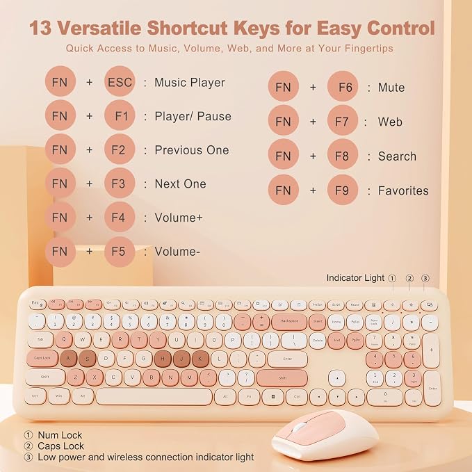 Nowlike Wireless Keyboard and Mouse Combo, Retro Typewriter Keyboard with Round Keycaps, Full-Size Ergonomic, Brown, Ideal for Windows PC, Home, Office, and College, Wireless Keyboard Mouse Combo
