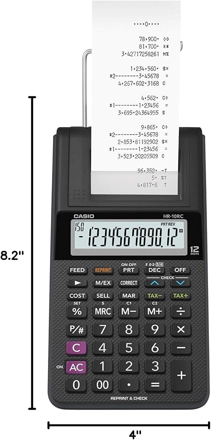 Casio HR-10RC Mini Desktop Printing Calculator | Portable | 12-Digit Display | One-Color Printer | Tax & Currency | Ideal for Taxes, Bookkeeping & Accounting Tasks, Black